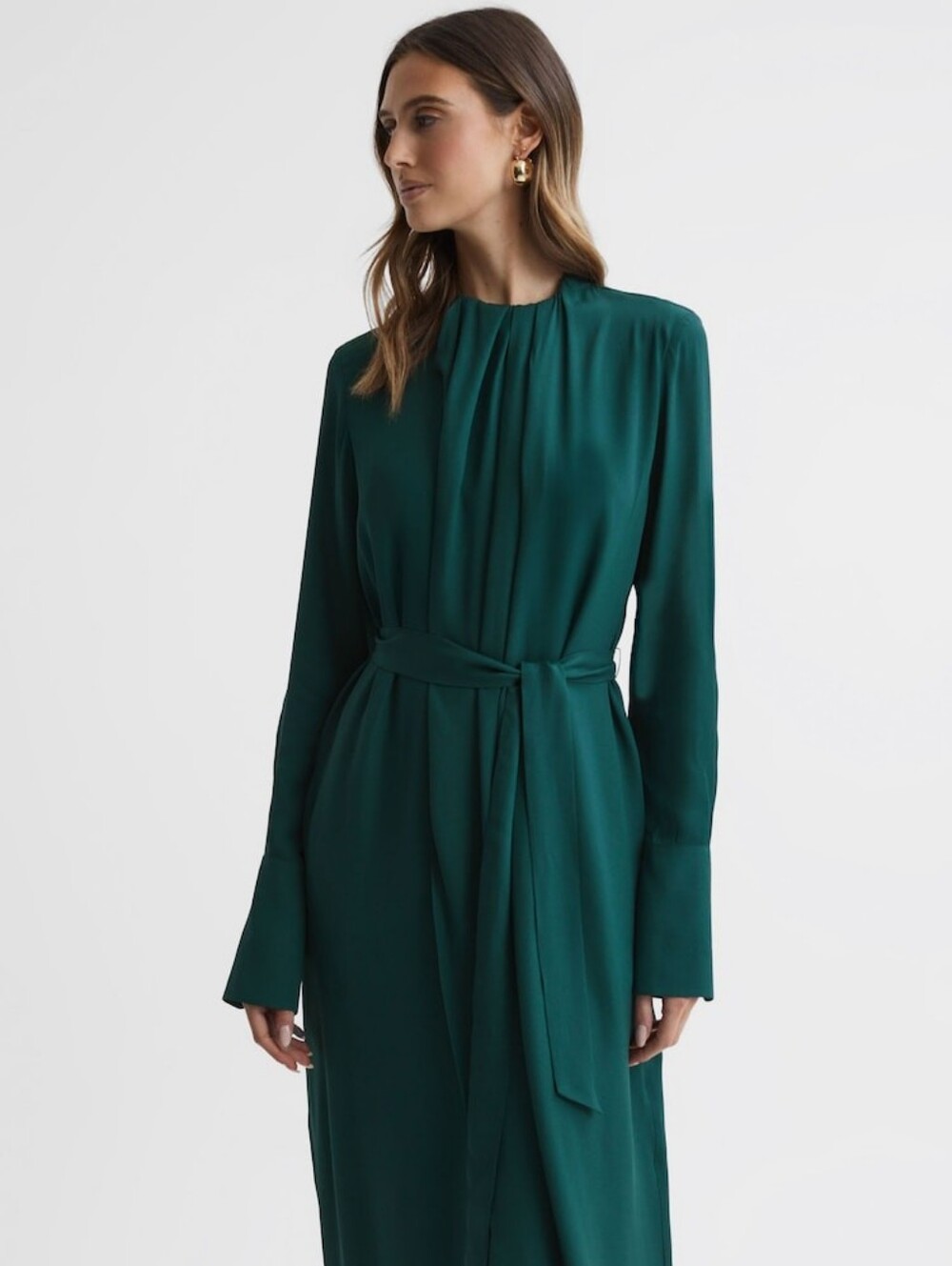 REISS Phoenix Pleated Long Sleeve Midi Dress in Green